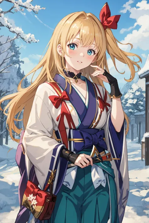 masterpiece, best quality,1girl, <lora:Mirin-30:1>,mir1nsd, white kosode, green hakama, sarashi, red ribbon, hair ornament, black choker, black gauntlets, boots