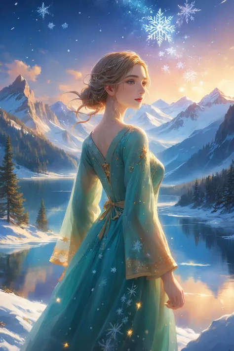 masterpiece,best quality,4k,<lora:ScGirl_tea_XLbV3:1>,1girl,fair_skin,highres,absurdres,wallpaper,(((masterpiece))), ((the best quality, super fine illustrations, beautiful and delicate water)), ((very delicate light)), ((nature, painting)), ((fine lighting, more transparent stars, high-quality snowflakes, high-quality mountains, very fine 8KCG wallpapers)), (plateau), (((snow mountain))), sunrise, randomly distributed clouds, (snow field), cliff, ((rotating star sky)), ((lake in mountain stream)), luminous particles,