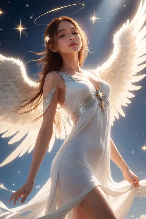 masterpiece,best quality,4k,<lora:ScGirl_tea_XLdV1:1>,1girl,fair_skin,highres,absurdres,wallpaper,(sunlight),(angel),dynamic angle, floating, wing, halo, floating white silk,(Holy Light),silver stars,