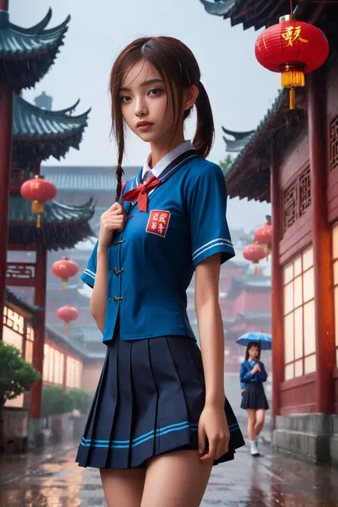 masterpiece,best quality,4k,<lora:ScGirl_tea_XLdV1:1>,1girl,fair_skin,school_uniform,naughty_face,highres,absurdres,wallpaper,in summer,rainy days,night,Industrial wind, Chinese architecture,full_shot,