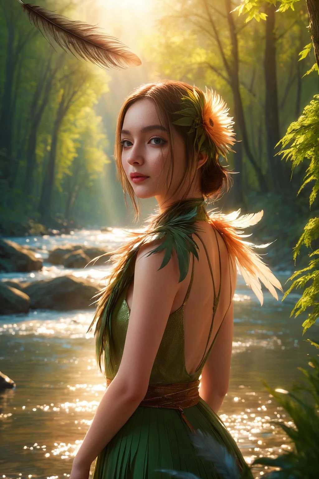 masterpiece,best quality,4k,<lora:ScGirl_tea_XLdV1:1>,1girl,fair_skin,highres,absurdres,wallpaper,(detailed light) , feather, leaves, nature, (sunlight), river, (forest),(bloom),