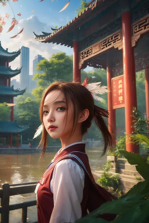 masterpiece,best quality,4k,<lora:ScGirl_tea_XLdV1:1>,1girl,fair_skin,school_uniform,naughty_face,highres,absurdres,wallpaper,in summer,rainy days,night,Industrial wind, Chinese architecture,full_shot,(detailed light) , feather, leaves, nature, (sunlight), river, (forest),(bloom),