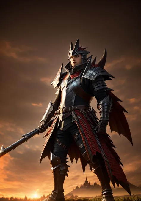 Masterpiece, high resolution, Monster Hunter style, man wearing Rathalos Armor, 8k, highly detailed,daylight, medieval background, European medieval castle background , looking at the viewer, sexy, dreamlikeart, <lora:Rathalos_Armor:0.5>, (upper body focus:1.3), ikemen