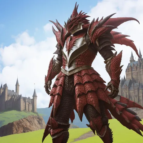 <lora:Rathalos_Armor:0.5>, rathalos armor, man wearing rathalos armor, castle background