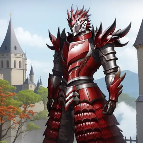 Masterpiece, 4K, <lora:Rathalos_Armor:0.5>, rathalos armor, man wearing rathalos armor, castle background