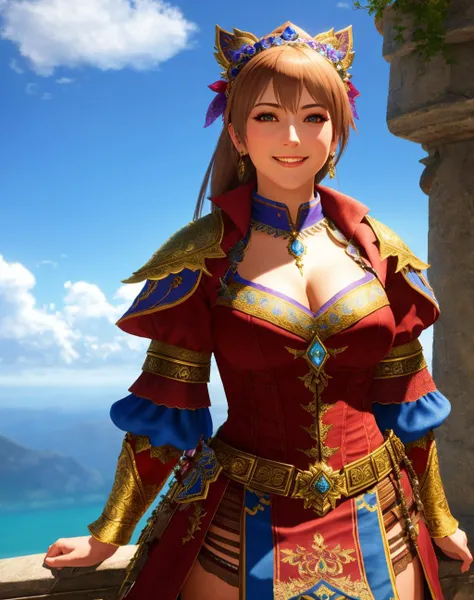 Masterpiece, absurdres, fine detail, HDR, highly detailed face and eyes, photorealistic, smiling, MHmix, a woman in a costume standing on a ledge ,wearing MHmix, <lora:MHmix:0.7>