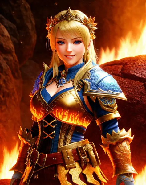 Masterpiece, absurdres, fine detail, HDR, highly detailed face and eyes, photorealistic, smiling, MHmix, a blonde woman in a costume standing in a lava cave ,wearing MHmix ,wearing MHmix <lora:MHmix:0.85>