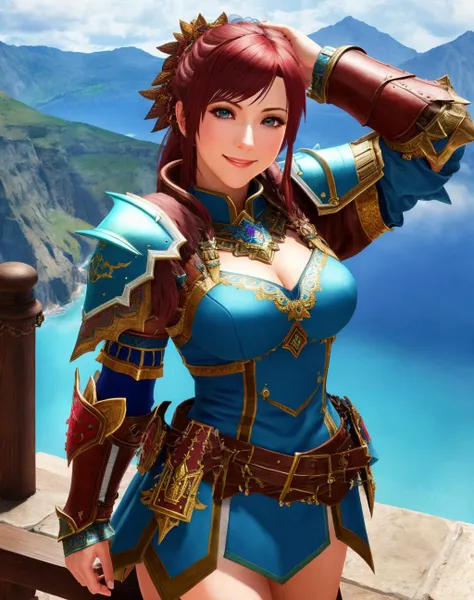 Masterpiece, absurdres, fine detail, HDR, highly detailed face and eyes, photorealistic, smiling, MHmix, a woman in armor standing on a ledge ,wearing MHmix, <lora:MHmix:0.85>