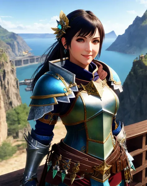 Masterpiece, absurdres, fine detail, HDR, highly detailed face and eyes, photorealistic, smiling, MHmix, a dark haired woman in armor standing on a ledge ,wearing MHmix, <lora:MHmix:0.85>