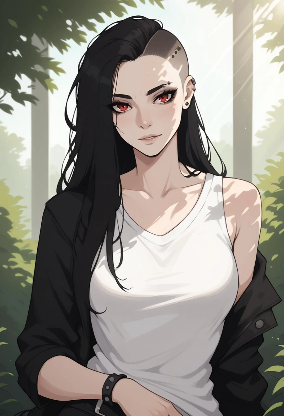 woman, solo, looking at viewer, long hair, black hair, red eyes, straight hair, piercings, punk, shaved head, shirt, outdoors, sunlight, teasing
<lora:ObsidiusStyle-000003:0.2> <lora:NoctFlatStyleV2:0.5> <lora:NoctAbstract:0.2> <lora:Weird things are Weird B:0.2> <lora:pupi-2_r1:0.25>