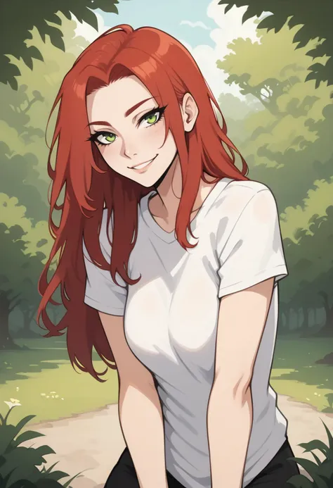 woman, solo, looking at viewer, red hair, green eyes, shirt, outdoors, teasingn seductive smile, 
<lora:ObsidiusStyle-000003:0.2>  <lora:NoctFlatStyleV2:0.5>  <lora:NoctAbstract:0.2>   <lora:Weird things are Weird B:0.2> <lora:pupi-2_r1:0.25>