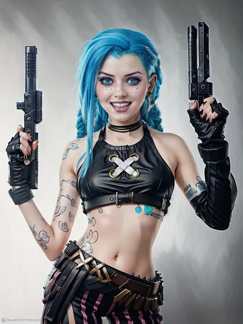 Jinx, bazooka on the shoulder, detailed eyes, photography, trending on artstation, sharp focus, studio photo, intricate details, highly detailed, by greg rutkowski <lora:Jinx:0.8>