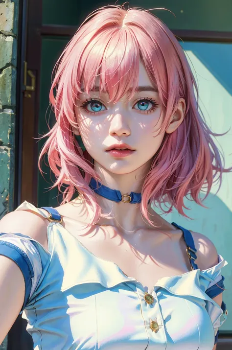 dynamic pose, 1girl, solo, selfie, face focus, ((portrait)), choker, aqua eyes, bare shoulder, elegant face, pretty face, shaded face, 2 tones hair, colorful hair, ((masterpiece:1.4)), ((best quality)), highly detailed, highres, absurdres, (photorealistic:1.4), (realistic body & face artstyle), (beautiful body & face), (detailed eyes), perfect hands, march 7th \(honkai: star rail\), pink + white hair, white shirt, Japanese girl,
