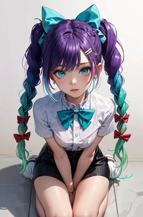 1girl, solo, kneeling, sitting on floor, dynamic pose, full body, lot of hair color, 5 dying color on hair, twintails, pigtail, (ring hair), (((gradient color hair))), ombre hair, ((braided hair rings)), wavy hair, (((mixing violet color))), (colorful hair), multiple hair color, ((enhancement hair color)), ((galaxy color)), (((kawai hair style))), hair clip, hair bowtie, ((blue bow + red bow)), aqua eyes, (high neck), white shirt, ribbon, jewelry, button, pretty face, ((cute face)), thigh gap, small breast, grey background