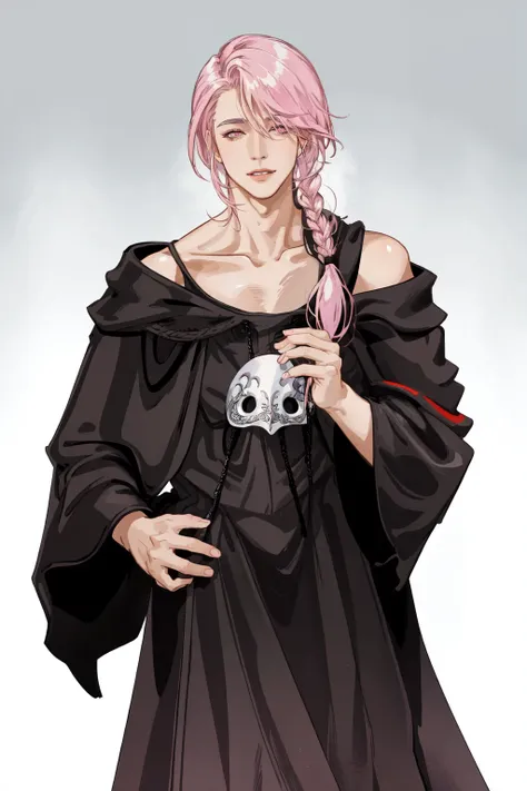 Hythlodaeus, bangs, bishounen, black robe, collarbone, cowboy shot, glowing, glowing eyes, gradient, gradient background, groin, hair between eyes, hair over shoulder, hand up, hooded robe, looking at viewer, mask, mask around neck, mask removed, nipples, off shoulder, parted lips, pectorals, pink eyes, robe, side braid, single bare shoulder, single braid, smile, solo, standing, undressing <lora:Hyth_LoRa:0.7>