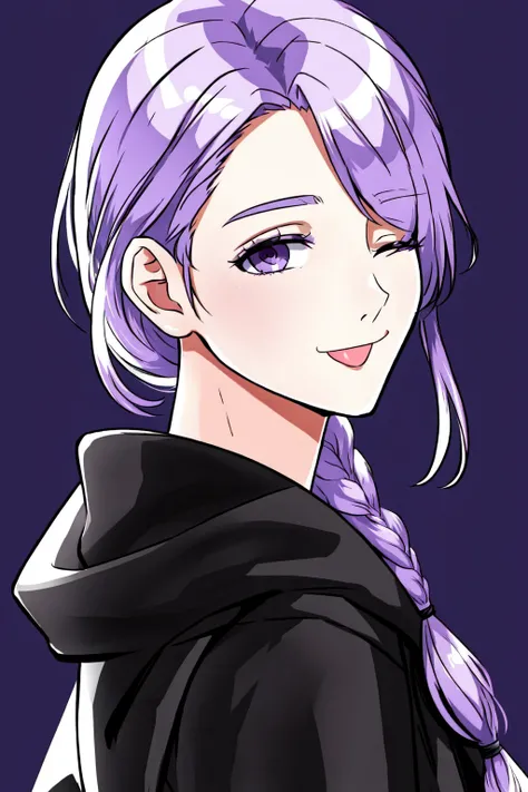 Hythlodaeus, :p, :q, ;p, ;q, bangs, black robe, braided ponytail, from side, lavender hair, hair over one eye, hood, hood down, hooded robe, looking at viewer, mask, mask around neck, mask removed, medium hair, one eye closed,portrait, robe, side braid,single braid, smile, solo focus, swept bangs, upper body, purple eyes<lora:Hyth_LoRa:0.7>