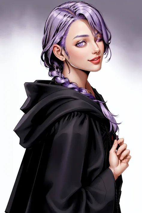 Hythlodaeus, :p, :q, ;p, ;q, bangs, black robe, braided ponytail, from side, lavender hair, hair over one eye, hood, hood down, hooded robe, looking at viewer, mask, mask around neck, mask removed, medium hair, one eye closed,portrait, robe, side braid,single braid, smile, solo focus, swept bangs, upper body, purple eyes<lora:Hyth_LoRa:0.7> <lora:pitch_black_shadow_V2:0.5>