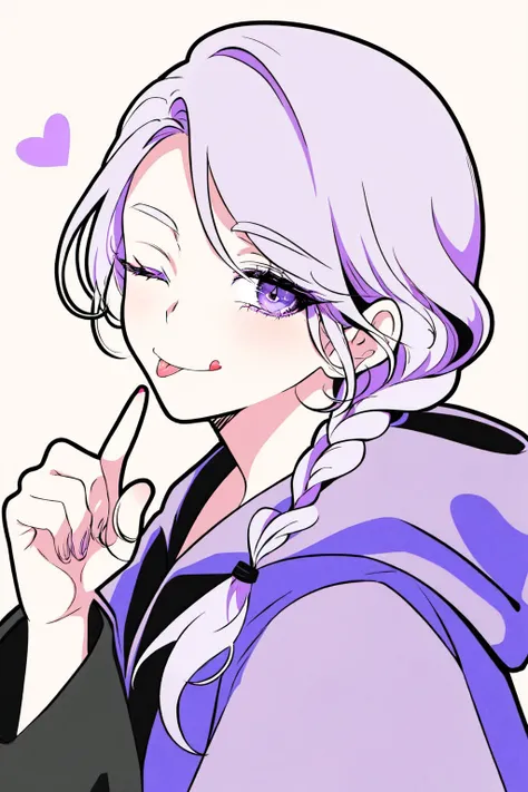 Hythlodaeus, :p, :q, ;p, ;q, bangs, black robe, braided ponytail, double v, from side, lavender hair, hair over one eye, hand up, hands up, heart, hood, hood down, hooded robe, looking at viewer, mask, mask around neck, mask removed, medium hair, one eye closed,portrait, robe, short hair, side braid,ingle braid, smile, solo focus, squiggle, swept bangs, tongue, tongue out, upper body, v, purple eyes<lora:Hyth_LoRa:0.7>
