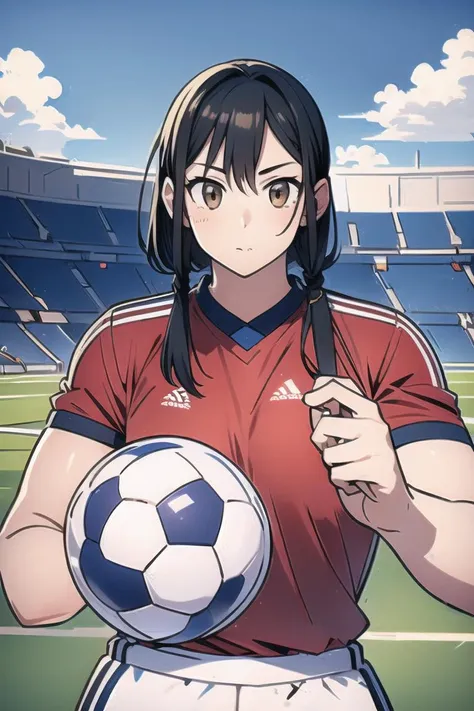 (​masterpiece、top-quality:1.2)、cowboy  shot、独奏、female focus、A smile、Look at viewers、goalkeeper、Keeperware、Keeper Gloves、Soccer Field、nagatoro