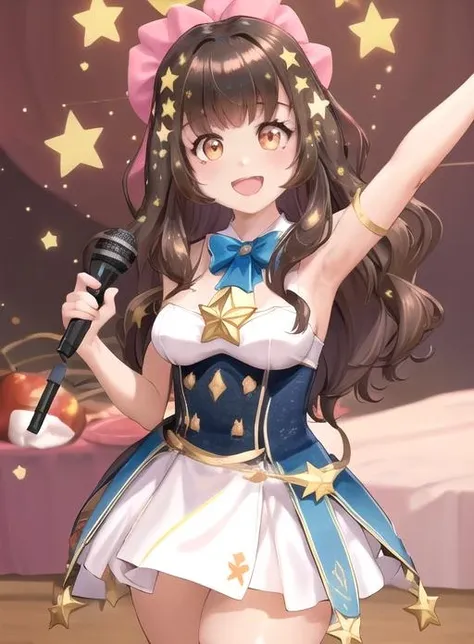best quality, (masterpiece),(ultra-detailed), (high quality), (high resolution), <lora:mimibits:0.7> , 1girl, bangs, blush, breasts, brown hair, detached collar, dress, fruit, holding microphone, long hair, looking at viewer, mimibits, open mouth, pink background, smile, solo, star (symbol), star hair ornament, towel, upper teeth only, , virtual youtuber,