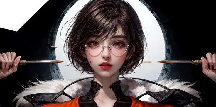 (masterpiece, best quality),1girl, solo, brown hair, short hair, glasses, parted lips, looking at viewer, hand up, portrait, orange eyes, white background, hair between eyes, jacket, upper body, black sweaterï¼ï¼The right faceï¼1.3ï¼ï¼ <lora:add_detail:0.6>