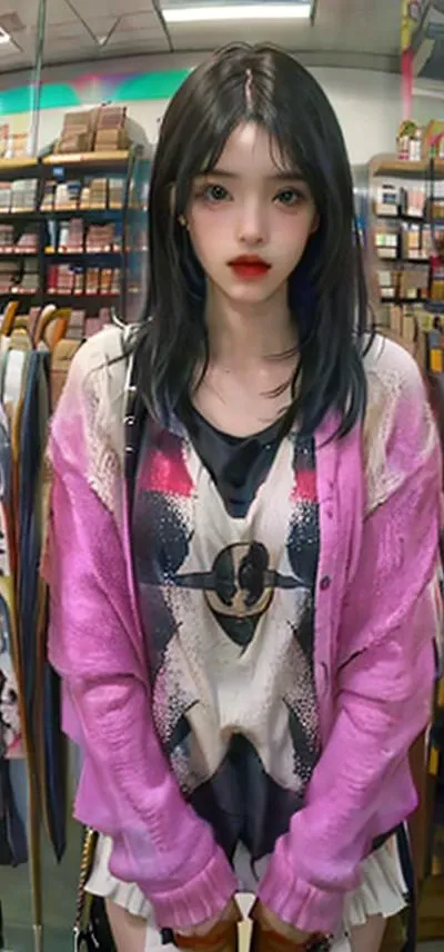 (masterpiece, best quality), (colorful:1.4), from above, solo, 1girl standing in a store with lots of stuffed animals on the shelves and a bag of stuff, depth of field, fisheye lens,ï¼Innocent, childlike, innocent,Colourful clothesï¼,ï¼(Unreal Engine Rendering: 1.1),(realistic, photo-realistic:1.1),(super detail: 1.2), very clear, film level lighting, 4k, masterpiece,high resolution, skin texture, <lora:mix4:1>