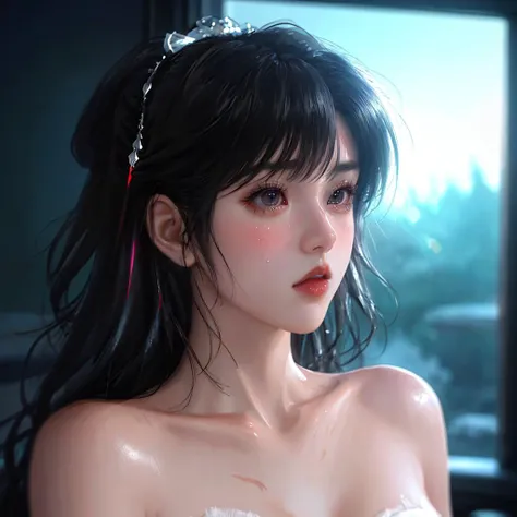 ((((Best Quality, 8K, 32K, masterpiece, 1.2)))),{{solo}},nsfw,{{{Artist: EUPHORIA's style}}},((perfect beautiful face:1.2)), in love hotel, wearing night dress, netorare, netorare face, spreading pussy with fingers, embarrassed, high quality of vagina, vivid pussy,((a lot of public hairs:1.1)),