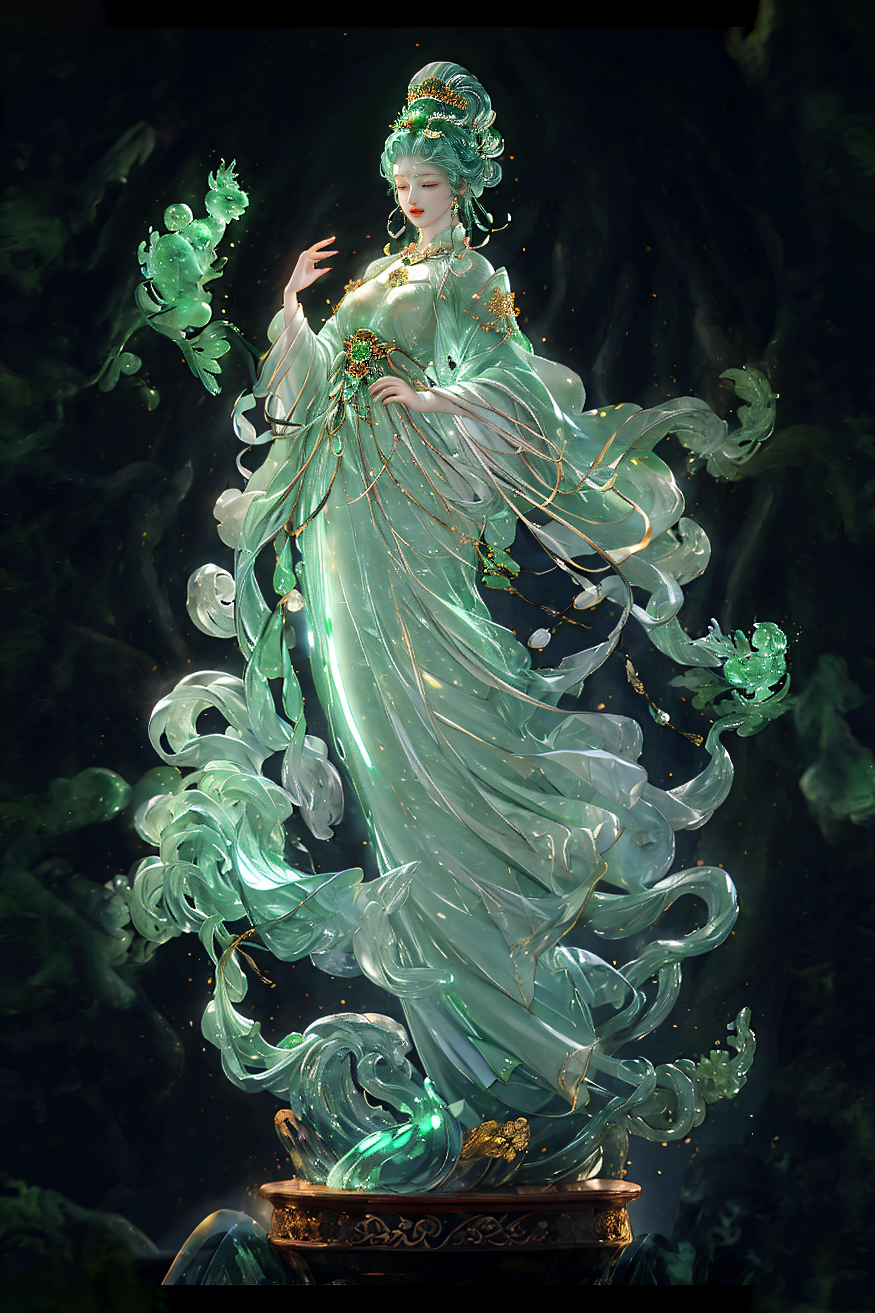 8k, photorealistic, a intricate statue made in translucent jade of a delicate maiden, full body, precious stones inlaid, warm ligthing, glowing , radiosity, photon mapping, icing aura, ice dust falling, bokeh