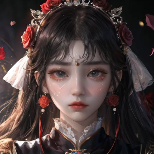 Close-up of a woman in a white dress and red headdress, beautiful character painting, detailed painting 4 K, 8K high quality detail art, this is a close-up illustration depicting a character in a costume. The painting was created in the art form of the "Guweiz" style. The tears of the characters in the painting are blood red, and the whole is set against a pure white background. She is portrayed as a goddess of love and beauty. There is a lot of blood in the picture, giving it a very bloody feeling. And with white as a background. The costumes and facial expressions of the characters are very detailed, showing detailed depictions. The overall picture is covered with blood, giving people a palpitating feeling.
