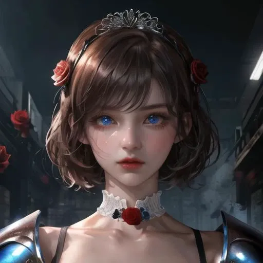 Cute girl, battle scene, pretty eyes, cold, short hair, bust, portrait quality, 8K resolution, rich details, small round face, maid outfit, hand cupping face, rose hair accessory, fair skin, mood lighting, wearing battle armor, aperture f/1.2