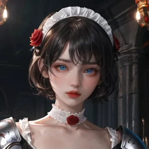 Cute girl, battle scene, pretty eyes, cold, short hair, bust, portrait quality, 8K resolution, rich details, small round face, maid outfit, hand cupping face, rose hair accessory, fair skin, mood lighting, wearing battle armor, aperture f/1.2