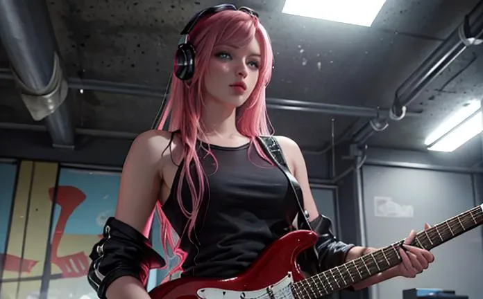 ((masterpiece,best quality))1girl, solo, black skirt, blue eyes, electric guitar, guitar, headphones, holding, holding plectrum, instrument, long hair, , music, one side up, pink hair, playing guiter, pleated skirt, black shirt, indoorsï¼(Unreal Engine Rendering: 1.1),(realistic, photo-realistic:1.1),(super detail: 1.2), very clear, film level lighting, 4k, masterpiece,high resolution, skin texture,