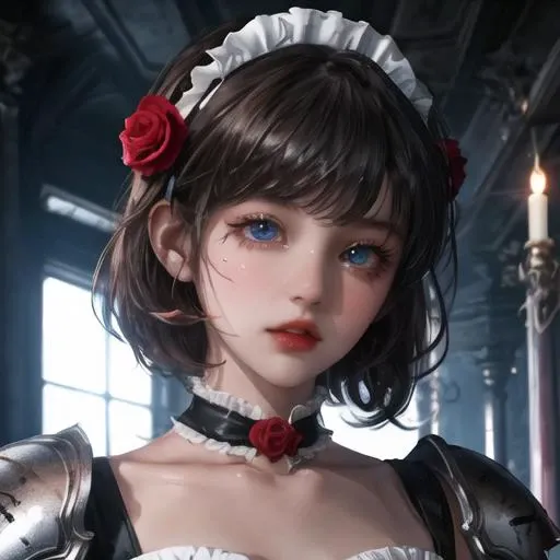 Cute girl, battle scene, pretty eyes, cold, short hair, bust, portrait quality, 8K resolution, rich details, small round face, maid outfit, hand cupping face, rose hair accessory, fair skin, mood lighting, wearing battle armor, aperture f/1.2