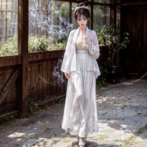 <lora:add_detail:1> , <lora:epiNoiseoffset_v2:0.7>, <lora:songStyle16:0.6>, <lora:Smoke:1>,
(full body:1.5) portrait \(1girl, imogend, an elegant charming Chinese Taoist woman\), female focus, sfw, in front of chinese traditional Taoist temple, shoj, Fusuma, (smoke:1.4), zen, pale color background, (coolcolor:1.5),
cleavage, small breasts, makeup, jewelry, (long hair, hair ornament, relaxed, dignified expression, HANFU, SONG, white LONG SHAN, white PLEATED SKIRT, hair bun:1.2),
looking at viewer, prestige, luxury, exquisite, detailed skin texture, detailed clothes, detailed clothes texture, ultra realistic, ultra detailed, highly intricate details,
correct proportion, perfect anatomy, perfect female body, perfect female figure, gorgeous detail face, perfect face, enchanting face, perfect eyes, beautiful detailed gradient eyes, shiny eyes, shiny skin, pale skin, shiny eyes, clear and bright eyes, deep gaze,
official art, professional artwork, famous artwork,masterpiece, flawless, clean, best quality, 8k uhd, photorealistic, extremely detailed unity 8k wallpaper, surreal 8K 32K HDR photo, film grain noise, ultra high res, best shadow, delicate, RAW, light particles, sharp focus, dynamic range, depth of field, DSLR, Fujifilm XT3,
dreamlike nature light, soft cinematic light, film bloom, indirect lighting, overcast lighting, rim light, intricate lighting,
god-like, dignified, solemn, mysterious, immersive atmosphere, chiaroscuro, moody lighting, atmospheric perspective, fluid movement, ethereal quality,