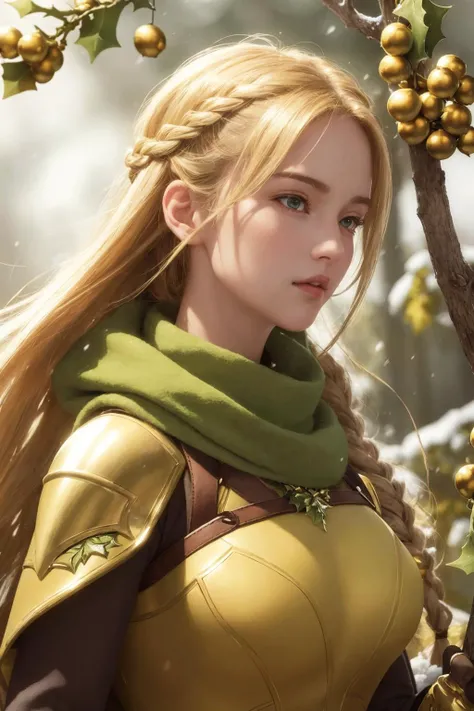 best quality, masterpiece, illustration, realistic, photo-realistic, amazing, finely detail, incredibly absurdres, huge filesize, ultra-detailed, highres, extremely detailed CG unity 8k wallpaper, ray tracing, (mistletoe:1.3) , holding mistletoe, A beautifully detailed close-up digital portrait of a powerful blonde female mercenary warrior with long braided hair. She is looking confident and heroic, wearing a yellow and green armored battle suit adorned with lots of mistletoe ornaments and accessories, a mistletoe hair band and scarf. She is holding a weapon wrapped in mistletoe in her hands. Soft snow is falling in a lush forest behind her. Very detailed, sharp focus, dramatic lighting. Trending on ArtStation.