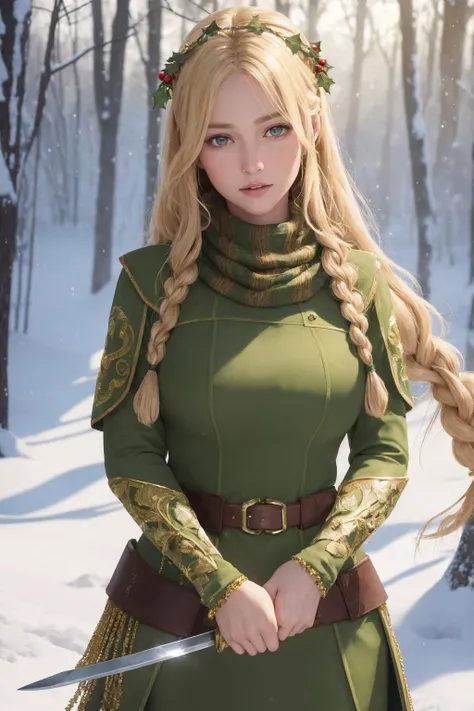 best quality, masterpiece, illustration, realistic, photo-realistic, amazing, finely detail, incredibly absurdres, huge filesize, ultra-detailed, highres, extremely detailed CG unity 8k wallpaper, ray tracing, (mistletoe:1.3) , holding mistletoe, A beautifully detailed close-up digital portrait of a powerful blonde female mercenary warrior with long braided hair. She is looking confident and heroic, wearing a yellow and green armored battle suit adorned with lots of mistletoe ornaments and accessories, a mistletoe hair band and scarf. She is holding a weapon wrapped in mistletoe in her hands. Soft snow is falling in a lush forest behind her. Very detailed, sharp focus, dramatic lighting. Trending on ArtStation.