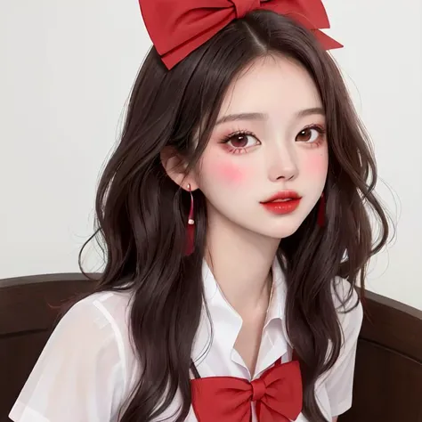 masterpiece, best quality, 1girl, sfw, (makeup), (red lips:1.1), blushing, (close up fae), (face focus), wavy long hair, (forehead), (looking at viewer:1.4), (parted lips:1.4), (smile:0.6), big breasts, elegant earrings, (head ribbons:1.1), (short-sleeved JK_shirt), JK_style, (bow JK_tie:1.1), <lora:jkUniform_v20:0.2> <lora:fashionGirl_v54:0.3> (ulzzang-6500-v1.1:0.4) <lora:cuteKoreanGirlLora_cuteKoreanGirlLora:0.1> <lora:eastasiandolllikenes_v5:0.1> <lora:koreanDollLikeness_v15:0.1>