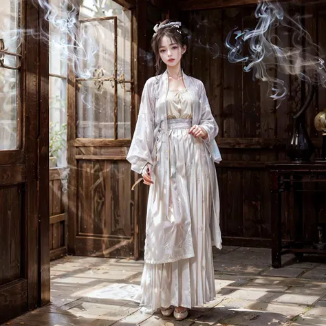 <lora:add_detail:1> , <lora:epiNoiseoffset_v2:0.7>, <lora:songStyle16:0.6>, <lora:Smoke:1>,
(full body:1.5) portrait \(1girl, Eveel SG, an elegant charming Chinese Taoist woman\), female focus, sfw, in front of chinese traditional Taoist temple, shoj, Fusuma, (smoke:1.4), zen, pale color background, (coolcolor:1.5),
cleavage, small breasts, makeup, jewelry, (long hair, hair ornament, relaxed, dignified expression, HANFU, SONG, white LONG SHAN, white PLEATED SKIRT, hair bun:1.2),
looking at viewer, prestige, luxury, exquisite, detailed skin texture, detailed clothes, detailed clothes texture, ultra realistic, ultra detailed, highly intricate details,
correct proportion, perfect anatomy, perfect female body, perfect female figure, gorgeous detail face, perfect face, enchanting face, perfect eyes, beautiful detailed gradient eyes, shiny eyes, shiny skin, pale skin, shiny eyes, clear and bright eyes, deep gaze,
official art, professional artwork, famous artwork,masterpiece, flawless, clean, best quality, 8k uhd, photorealistic, extremely detailed unity 8k wallpaper, surreal 8K 32K HDR photo, film grain noise, ultra high res, best shadow, delicate, RAW, light particles, sharp focus, dynamic range, depth of field, DSLR, Fujifilm XT3,
dreamlike nature light, soft cinematic light, film bloom, indirect lighting, overcast lighting, rim light, intricate lighting,
god-like, dignified, solemn, mysterious, immersive atmosphere, chiaroscuro, moody lighting, atmospheric perspective, fluid movement, ethereal quality,