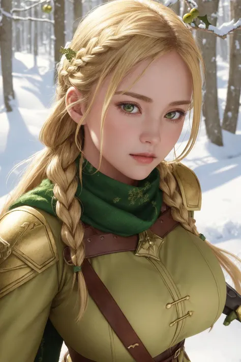 best quality, masterpiece, illustration, realistic, photo-realistic, amazing, finely detail, incredibly absurdres, huge filesize, ultra-detailed, highres, extremely detailed CG unity 8k wallpaper, ray tracing, (mistletoe:1.3) , holding mistletoe, A beautifully detailed close-up digital portrait of a powerful blonde female mercenary warrior with long braided hair. She is looking confident and heroic, wearing a yellow and green armored battle suit adorned with lots of mistletoe ornaments and accessories, a mistletoe hair band and scarf. She is holding a weapon wrapped in mistletoe in her hands. Soft snow is falling in a lush forest behind her. Very detailed, sharp focus, dramatic lighting. Trending on ArtStation.