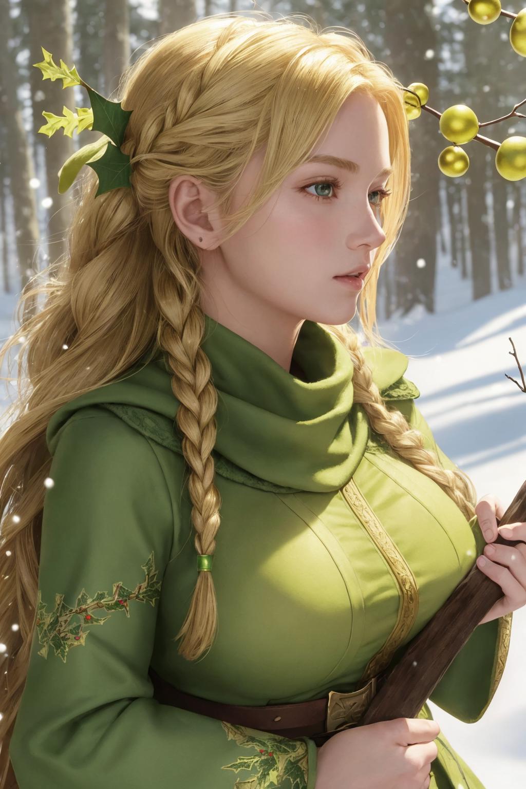 A woman with long blonde hair and green dress holding a stick - SeaArt AI