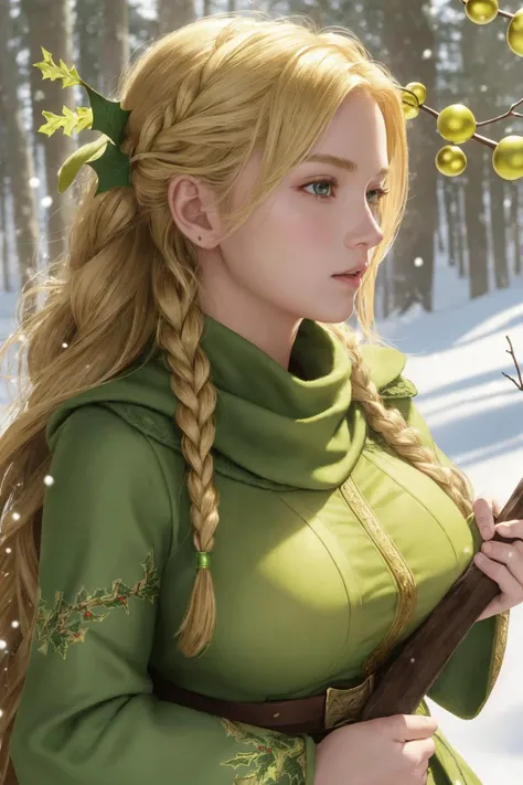 best quality, masterpiece, illustration, realistic, photo-realistic, amazing, finely detail, incredibly absurdres, huge filesize, ultra-detailed, highres, extremely detailed CG unity 8k wallpaper, ray tracing, (mistletoe:1.3) , holding mistletoe, A beautifully detailed close-up digital portrait of a powerful blonde female mercenary warrior with long braided hair. She is looking confident and heroic, wearing a yellow and green armored battle suit adorned with lots of mistletoe ornaments and accessories, a mistletoe hair band and scarf. She is holding a weapon wrapped in mistletoe in her hands. Soft snow is falling in a lush forest behind her. Very detailed, sharp focus, dramatic lighting. Trending on ArtStation.