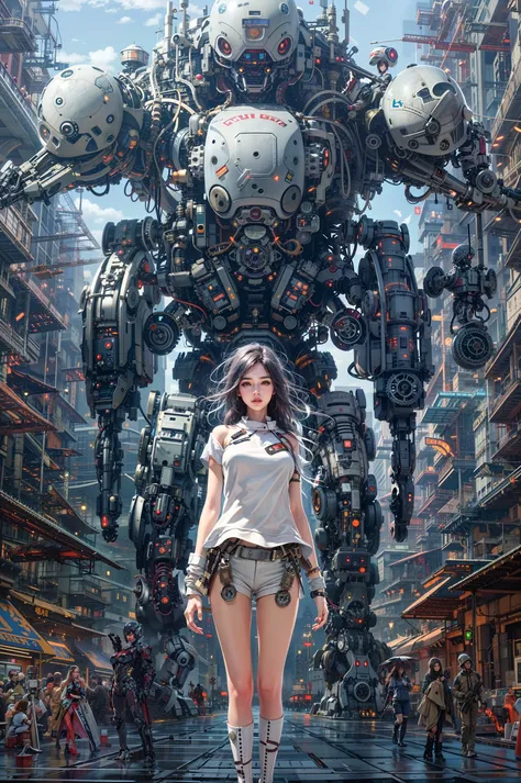 A woman standing in front of a giant robot in a city - SeaArt AI