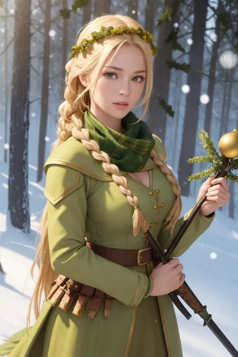 best quality, masterpiece, illustration, realistic, photo-realistic, amazing, finely detail, incredibly absurdres, huge filesize, ultra-detailed, highres, extremely detailed CG unity 8k wallpaper, ray tracing, (mistletoe:1.3) , holding mistletoe, A beautifully detailed close-up digital portrait of a powerful blonde female mercenary warrior with long braided hair. She is looking confident and heroic, wearing a yellow and green armored battle suit adorned with lots of mistletoe ornaments and accessories, a mistletoe hair band and scarf. She is holding a weapon wrapped in mistletoe in her hands. Soft snow is falling in a lush forest behind her. Very detailed, sharp focus, dramatic lighting. Trending on ArtStation.