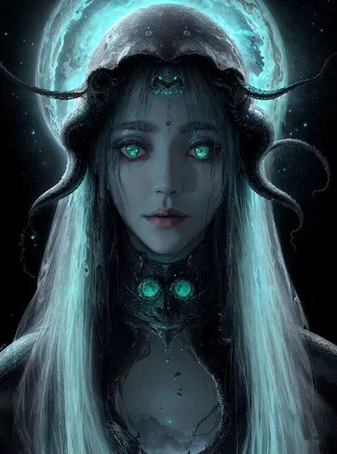 Incredible cosmic horror scene of a (monster:1.3), complete with tentacles and other inhuman features, eldritch horror, cosmic horror, HR Giger, monstrosity, surrealism, hyperrealism, alien architecture, octane render, 8k, green and blue colour scheme, extremely detailed, depth of field, bokeh, soft light, Nikon D850, 85mm f1.8