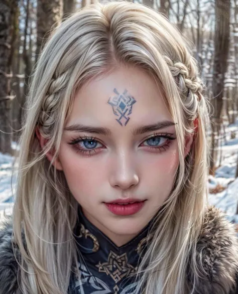 ((Viking girl in the winter forest, typical viking facial tattoo)), (grey eyes, bold eyeliner, ornaments, viking braid, strong jaws, white blonde hair, gloves, medieval viking leather fur battle suite), viking battle axe, morning day, soft lighting, sun glare, (cinematic bloom), (closed up), high contrast, HDR, photorealistic, detailed landscape, sharp focus, high-res, beautiful and aesthetic, masterpiece, best quality, official art, realism, looking at viewer, soothing tones, muted colors, <lora:Detail_Tweaker:0.7> <lora:warrior_13AL:1>