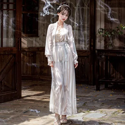 <lora:add_detail:1> , <lora:epiNoiseoffset_v2:0.7>, <lora:songStyle16:0.6>, <lora:Smoke:1>,
(full body:1.5) portrait \(1girl, g3mmaart3rton, an elegant charming Chinese Taoist woman\), female focus, sfw, in front of chinese traditional Taoist temple,  shoj, Fusuma, (smoke:1.4), zen, pale color background, (coolcolor:1.4),   
cleavage, small breasts, makeup, jewelry, (long hair, hair ornament, relaxed, dignified expression, HANFU, SONG, white LONG SHAN, white PLEATED SKIRT, hair bun:1.2), 
looking at viewer, prestige, luxury, exquisite, detailed skin texture, detailed clothes, detailed clothes texture, ultra realistic, ultra detailed, highly intricate details, 
correct proportion, perfect anatomy, perfect female body, perfect female figure, gorgeous detail face, perfect face, enchanting face, perfect eyes, beautiful detailed gradient eyes, shiny eyes, shiny skin, pale skin, shiny eyes, clear and bright eyes, deep gaze,
official art, professional artwork, famous artwork,masterpiece, flawless, clean, best quality, 8k uhd, photorealistic, extremely detailed unity 8k wallpaper, surreal 8K 32K HDR photo, film grain noise, ultra high res, best shadow, delicate, RAW, light particles, sharp focus, dynamic range, depth of field, DSLR, Fujifilm XT3,
dreamlike nature light, soft cinematic light, film bloom, indirect lighting, overcast lighting, rim light, intricate lighting, 
god-like, dignified, solemn, mysterious, immersive atmosphere, chiaroscuro, moody lighting, atmospheric perspective, fluid movement, ethereal quality,