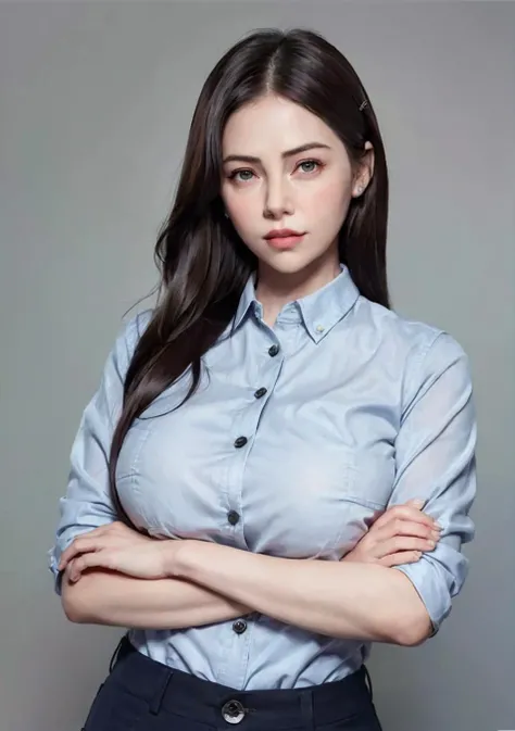 1girl, Charlize Theron,solo, shirt, crossed arms, long hair, realistic, looking at viewer, black hair, collared shirt, buttons, grey background, lips, closed mouth, breasts, simple background, pants, blue shirt, black eyes, upper body, large breasts, shirt tucked in