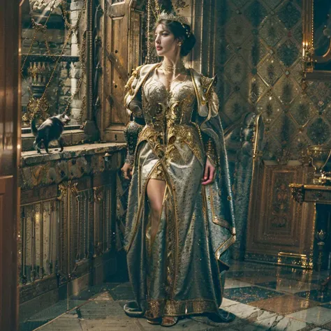 <lora:epiNoiseoffset_v2:0.2>, <lora:FilmVelvia2:0.6>, <lora:hipoly_3dcg_v7-epoch:0.8>,  <lora:MedievalFashion:1>,   <lora:add_detail:1>,  
 <lora:Monica:1>, 
((full body:1.2) , 3/4 view portrait\(1girl, 28yo ( Monica Bellucci, m0n1c4b3lucc1v2)\)), a stunning elegant curvy medieval russian queen, (wearing medfa, medieval armored dress:1.5), blue silver and golden, makeup, jewelry, choker, necklace, cleavage, small breasts,  long brown hair, chignon, hair ornament, serenity and tranquility, stillness, peaceful, (looking at viewer:1.2), in a medieval castle, sunlight, light rays through window, volumn light, ray tracing, vivid colors, vibrant colors,(leather material, satin material:1.2),  
rich, extravagant, luxury, prestige, exquisite, detailed skin texture, detailed clothes, detailed clothes texture, ultra realistic, ultra detailed, highly intricate details,
correct proportion, perfect anatomy, perfect female body, perfect female figure, gorgeous detail face, perfect face, enchanting face, perfect eyes, beautiful detailed gradient eyes, shiny eyes, clear and bright eyes, deep gaze,  shiny skin, pale skin, subsurface scattering, 
best shadow, best illustration, Amazing, extremely delicate and beautiful, professional artwork, masterpiece, flawless, clean, best quality, 8k uhd, unity 8k wallpaper, surreal, 32K HDR photo, film grain noise, ultra high res, best shadow, RAW, light particles, sharp focus, dynamic range, depth of field, DSLR, Fujifilm XT3, 
nature light, rim light, intricate lighting, two-tone lighting,