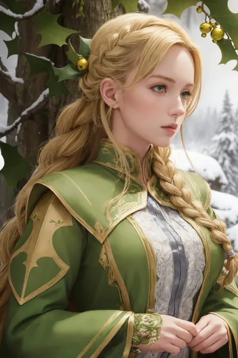 best quality, masterpiece, illustration, realistic, photo-realistic, amazing, finely detail, incredibly absurdres, huge filesize, ultra-detailed, highres, extremely detailed CG unity 8k wallpaper, ray tracing, (mistletoe:1.3) , holding mistletoe, A beautifully detailed close-up digital portrait of a powerful blonde female mercenary warrior with long braided hair. She is looking confident and heroic, wearing a yellow and green armored battle suit adorned with lots of mistletoe ornaments and accessories, a mistletoe hair band and scarf. She is holding a weapon wrapped in mistletoe in her hands. Soft snow is falling in a lush forest behind her. Very detailed, sharp focus, dramatic lighting. Trending on ArtStation.