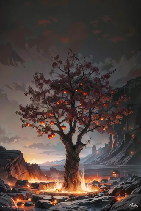 (shiny APPLE TREE:1.2), (underworld view), splashed lava, spark, illustration, fantasy art, horror art, realistic, in the dark, deep shadow, low key,(detailed background), (realistic:1.2), (masterpiece:1.2), (ultra detailed), (best quality), intricate, dramatic lighting, comprehensive cinematic, detailed landscape, cinematic bloom, <lora:Detail_Tweaker:1>